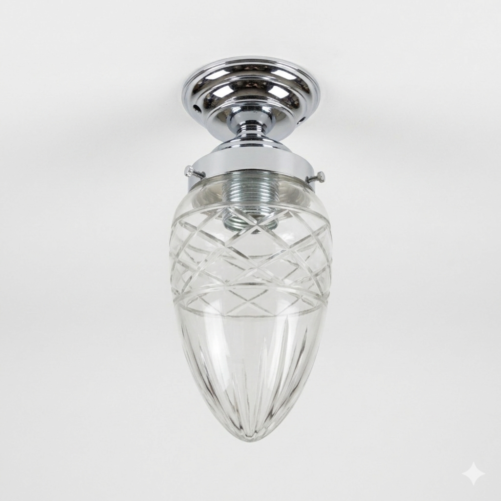 Lampada a soffitto modello Mercury Pigna in vetro trasparente molato e ottone cromato