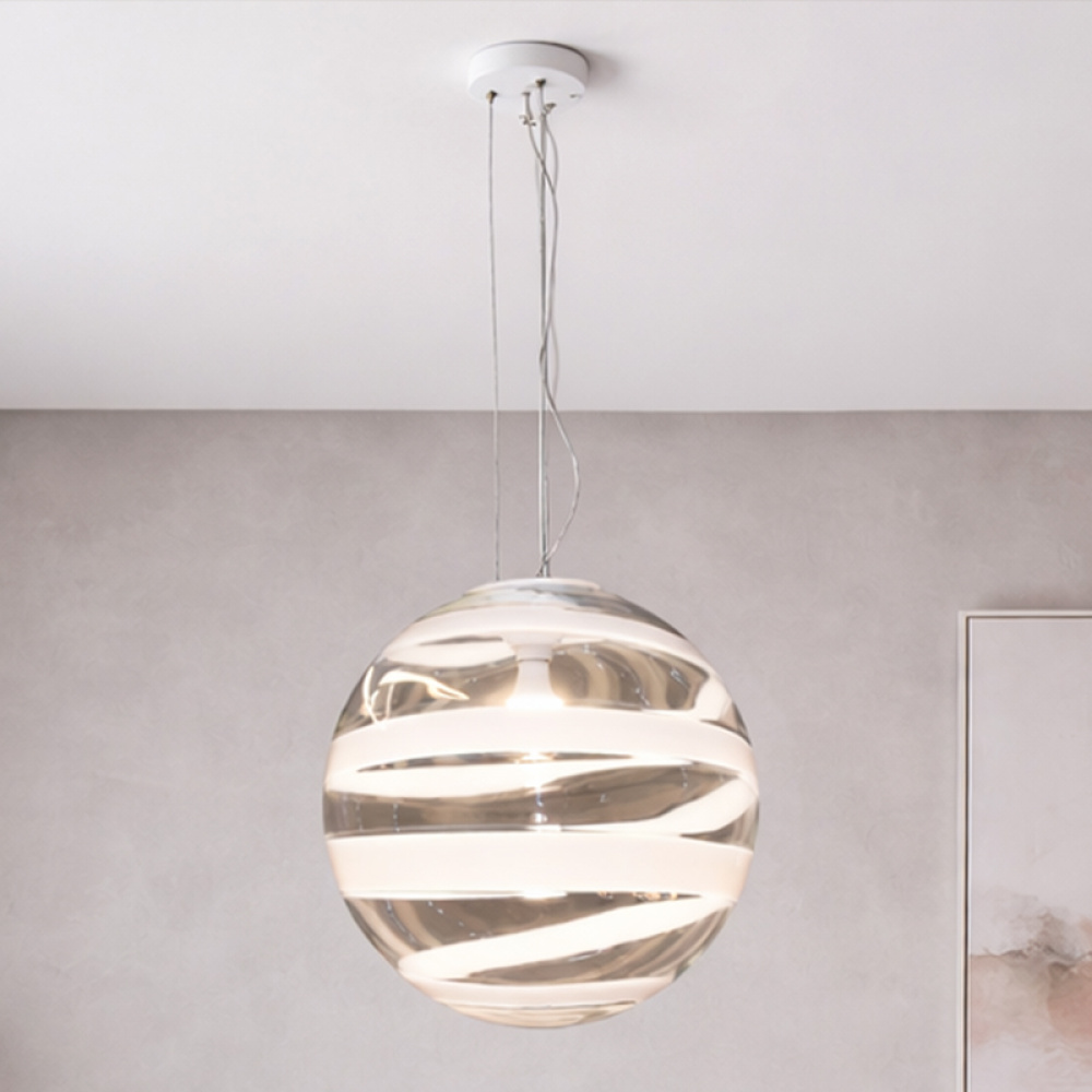 Lampada sfera sospensione di notevoli dimensioni diametro 500 mm. con spirale in vetro bianco latte art. LS 12 1